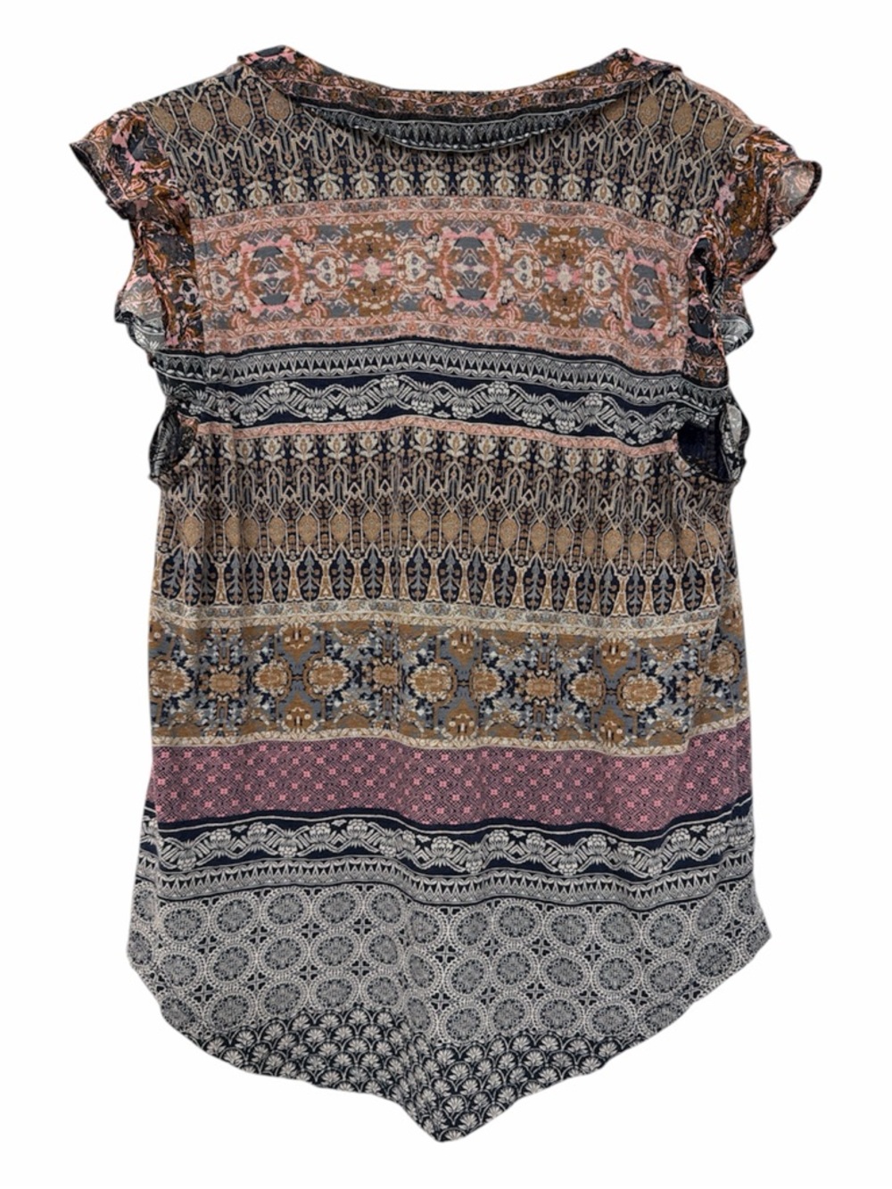 Lucky Brand Boho style Blue with mixed prints, sheer ruffles and tie front - Picture 2 of 4